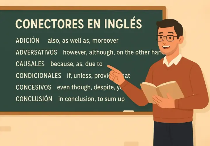 Profesor explica conectores C2 inglés en pizarra: adición, adversativos, causales, condicionales, concesivos y conclusión.