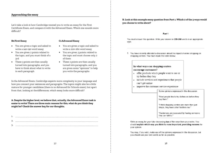 Comparativa de redacción de ensayos Cambridge C1 y B2. Se detalla la estructura y requisitos de cada uno, con un ejemplo de pregunta para el C1.