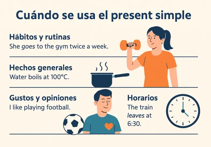 Ilustración sobre cuándo usar el presente simple, con ejemplos de hábitos, hechos, gustos y horarios.