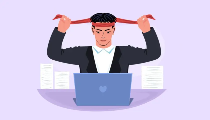 Hombre se pone una cinta roja en la cabeza, listo para afrontar el trabajo. ¡A ver qué phrasal verbs get puede usar hoy!