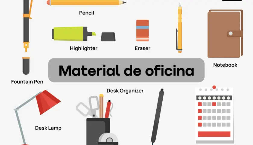 Un surtido de útiles de oficina en inglés: pluma fuente, lápiz, resaltador, borrador, lápiz mecánico, cuaderno, organizador de escritorio, lámpara de escritorio, bolígrafo y calendario.