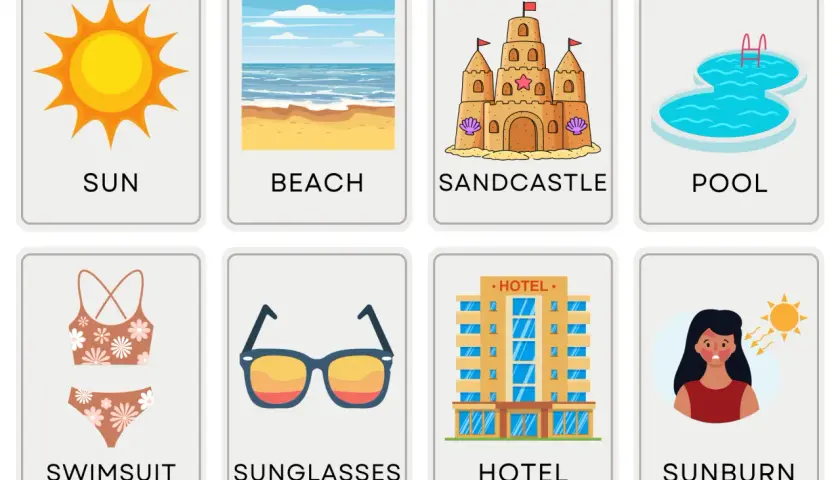 Tarjetas con vocabulario de verano: sol, playa, castillo de arena, piscina, traje de baño, gafas de sol, hotel y quemadura solar.