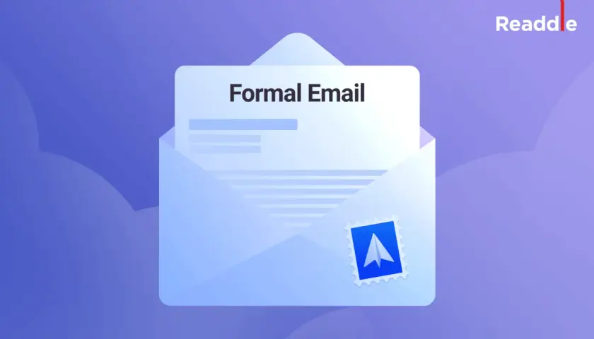 Sobre un fondo azul, un sobre blanco abierto muestra un documento con el título "Formal Email". Un sello postal con un avión de papel adorna el sobre.