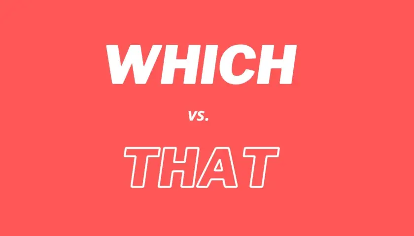 Texto blanco sobre fondo rojo: "WHICH vs. THAT". Aprende la diferencia entre which y that.