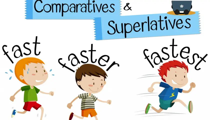 Niños corriendo: "fast", "faster", "fastest". Un panda con gafas lee sobre comparativos y superlativos en inglés.