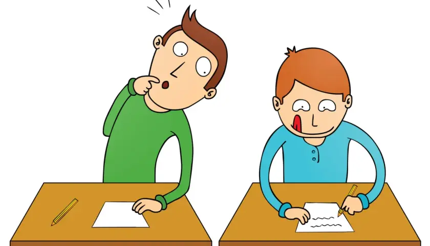 Dos estudiantes en pupitres. Uno, con expresión de sorpresa, piensa cómo aprobar un examen de inglés. El otro, concentrado, escribe.