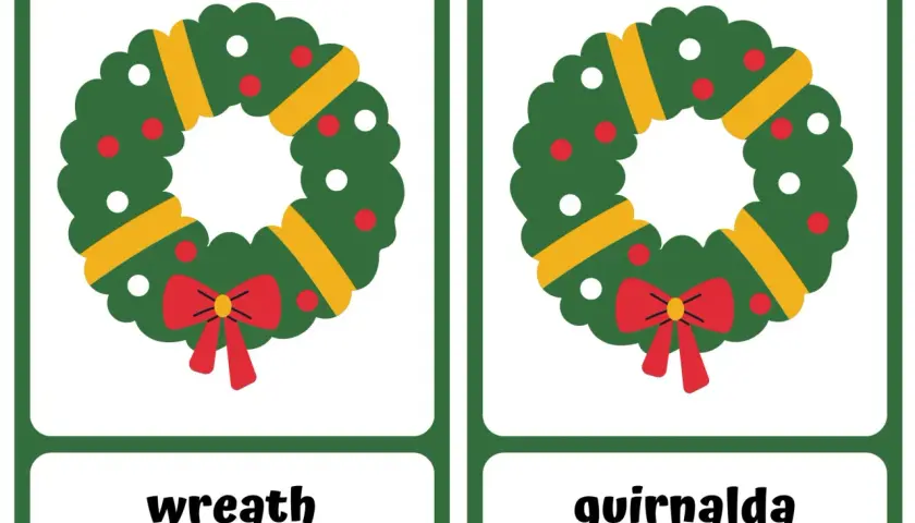 Dos tarjetas con guirnaldas verdes, rojas y amarillas, perfectas para aprender vocabulario de Navidad.