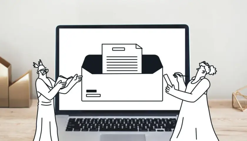 Dos figuras de estilo antiguo interactúan con una pantalla de portátil que muestra un sobre abierto con un documento. El asunto de email en inglés es clave para entender la comunicación.