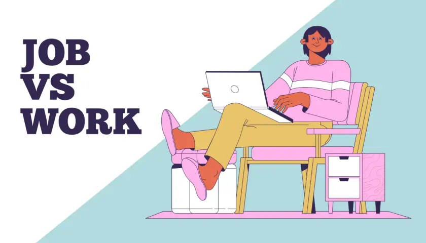 Persona relajada en silla con laptop, explorando la diferencia entre job y work.