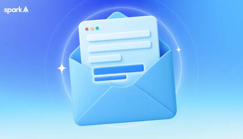 Sobre un fondo azul degradado, un sobre azul abierto revela un documento con líneas de texto, simulando un correo electrónico. El logo de Spark aparece en la esquina superior izquierda.