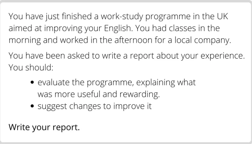 Instrucciones para escribir un report en inglés sobre un programa de estudios y trabajo en el Reino Unido, evaluando su utilidad y sugiriendo mejoras.