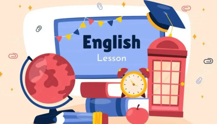 Lección de inglés con globo terráqueo, libros y un reloj. Aprende la diferencia entre say y tell para comunicarte mejor.