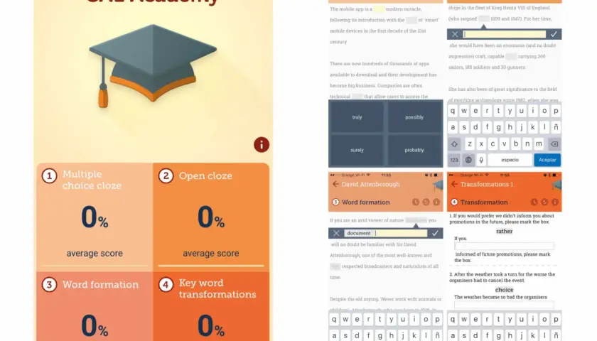 App de CAE Academy con ejercicios de **exámenes C1 Cambridge resueltos**: multiple choice, open cloze, word formation y transformation.