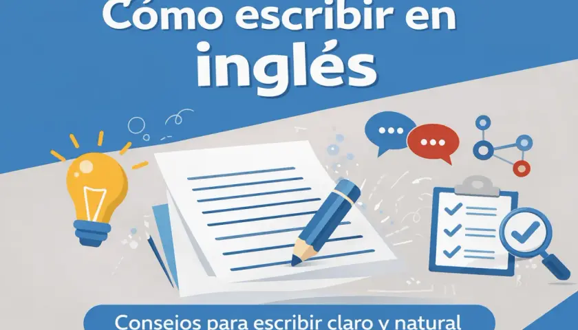 Ilustración sobre cómo hacer un writing sin saber inglés. Muestra una bombilla, papel, lápiz, bocadillos de diálogo y una lista de verificación.