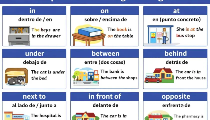 Tabla de preposiciones en inglés B1: "in" (dentro), "on" (sobre), "at" (en punto concreto), "under" (debajo), "between" (entre), "behind" (detrás), "next to" (al lado), "in front of" (delante), "opposite" (enfrente).