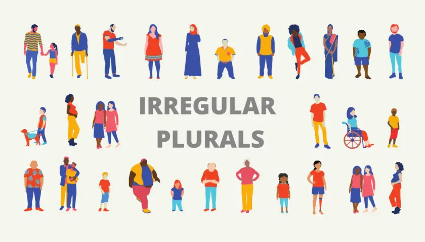 Un grupo diverso de personas, desde niños hasta ancianos, con y sin discapacidades, ilustra el concepto de plurales irregulares en inglés.