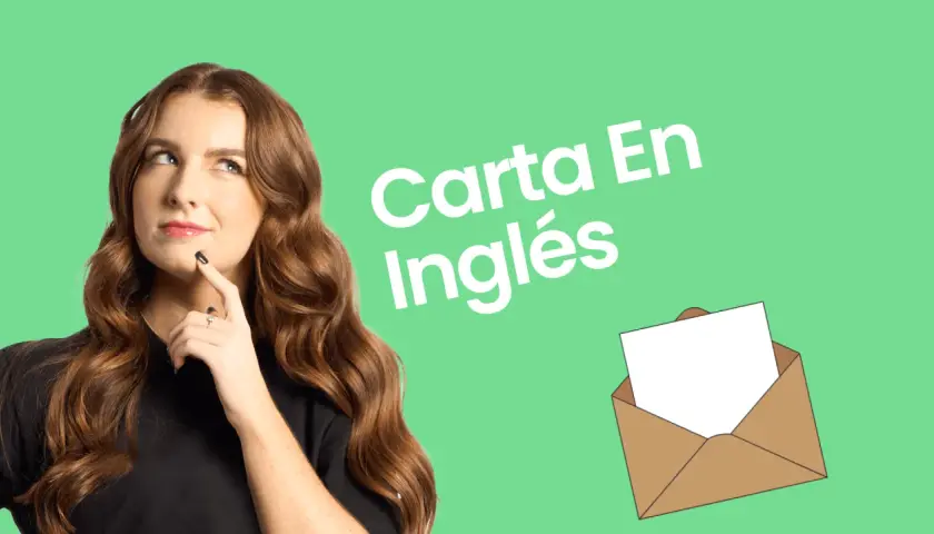 Mujer pensativa junto a un sobre abierto con una hoja en blanco. Texto: "Carta En Inglés".