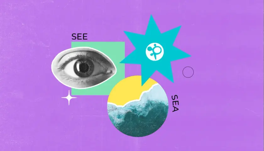 Ojo y mar, para ilustrar palabras homófonas en inglés como "see" y "sea".