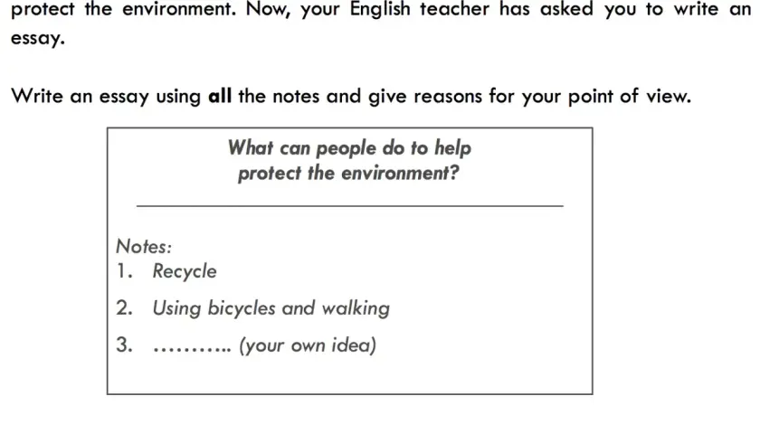 Instrucciones para escribir un ensayo sobre cómo proteger el medio ambiente, con notas sobre reciclar y usar bicicletas.