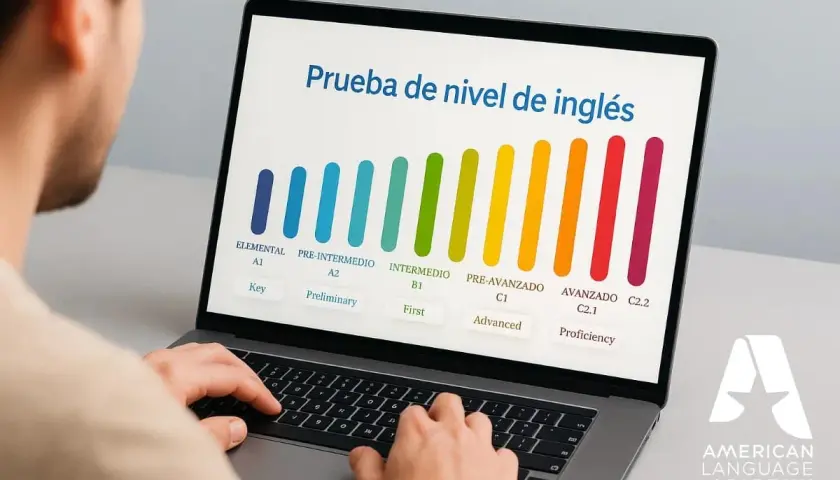 Persona realiza examen inglés americano en laptop. Muestra niveles de inglés, de elemental a avanzado.