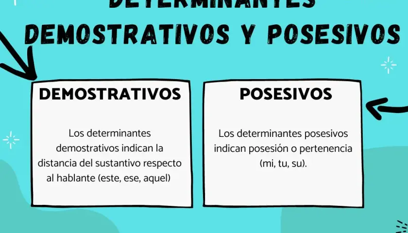 Tipos de determinantes y pronombres: demostrativos (indican distancia) y posesivos (indican pertenencia).
