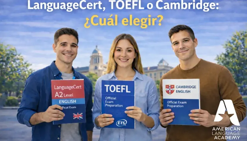 Tres jóvenes sonríen mostrando libros de preparación para exámenes de inglés: LanguageCert, TOEFL o Cambridge.