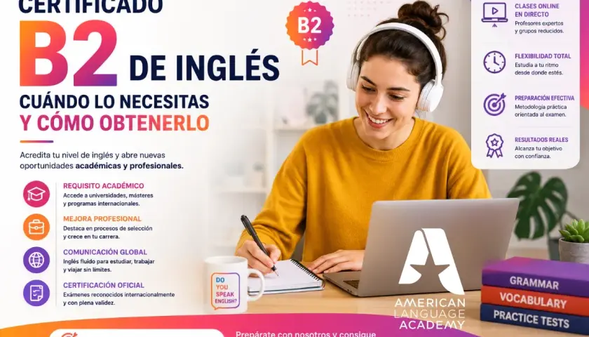Joven sonriente con auriculares estudia inglés B2 en línea. Certificado oficial para oportunidades académicas y profesionales.