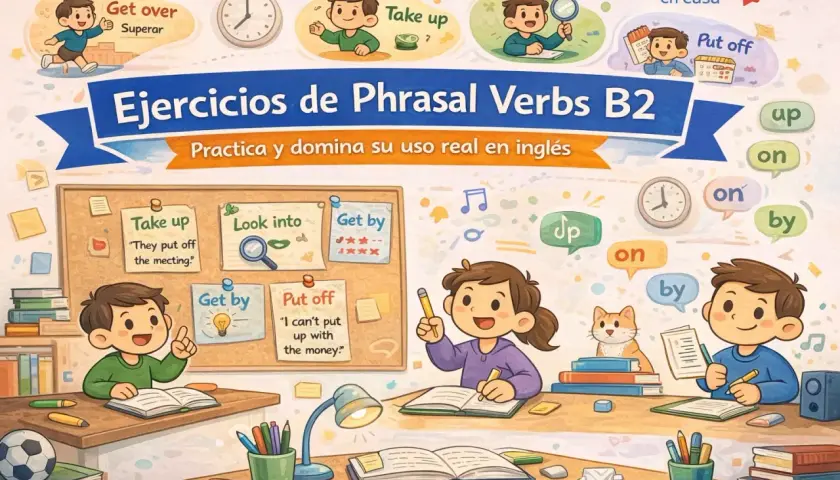 Ilustración de niños aprendiendo phrasal verbs con "off", como "put off" y "take up".