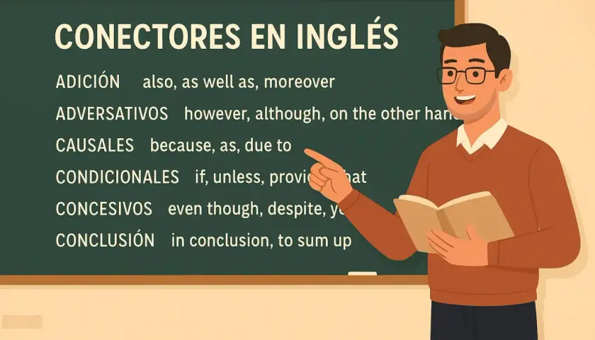 Profesor explica conectores C2 inglés en pizarra: adición, adversativos, causales, condicionales, concesivos y conclusión.