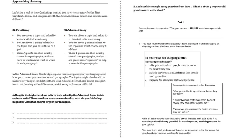 Comparativa de redacción de ensayos Cambridge C1 y B2. Se detalla la estructura y requisitos de cada uno, con un ejemplo de pregunta para el C1.