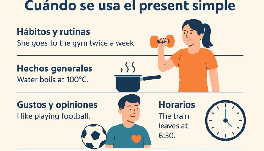 Ilustración sobre cuándo usar el presente simple, con ejemplos de hábitos, hechos, gustos y horarios.