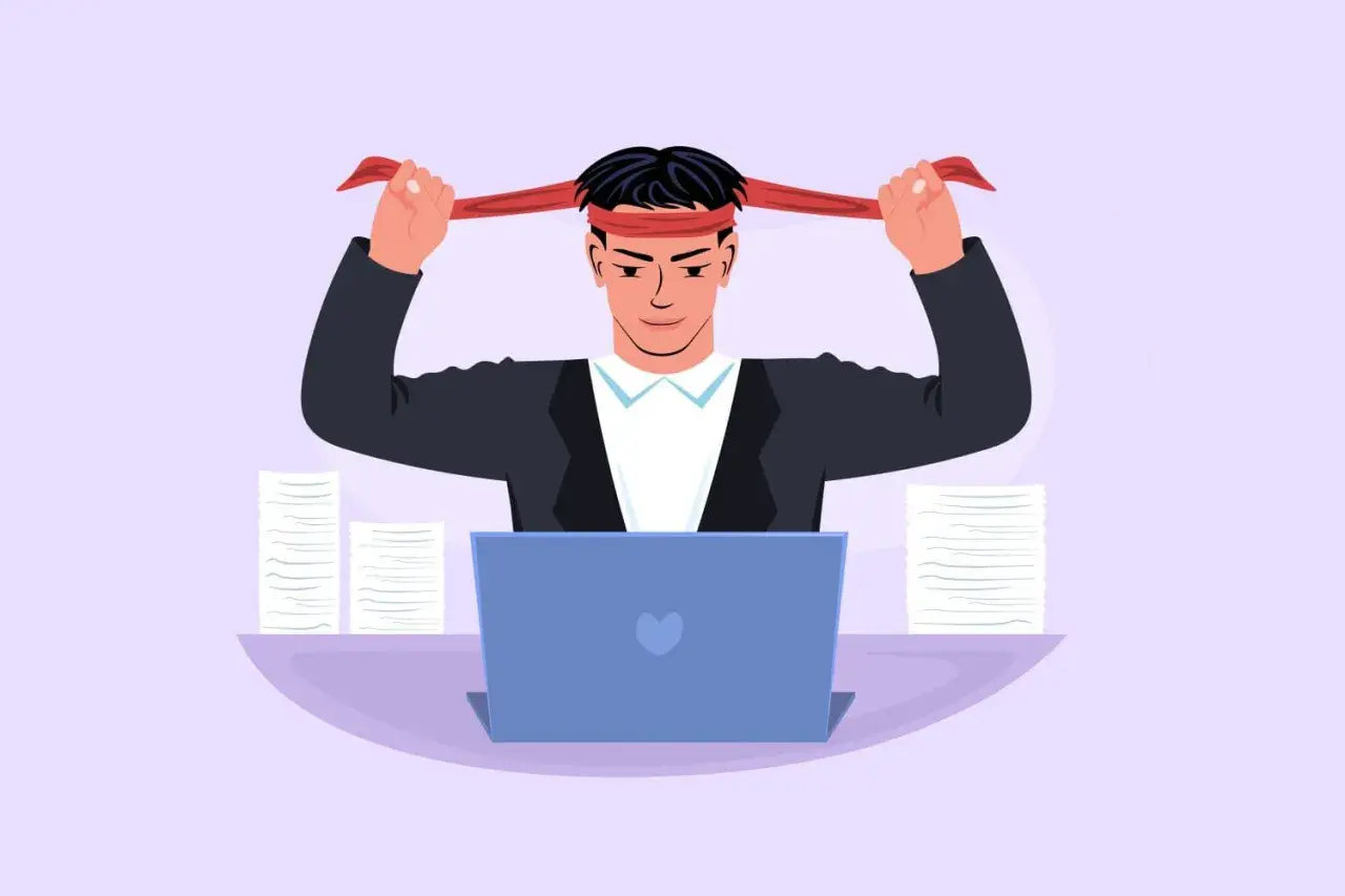 Hombre se pone una cinta roja en la cabeza, listo para afrontar el trabajo. ¡A ver qué phrasal verbs get puede usar hoy!