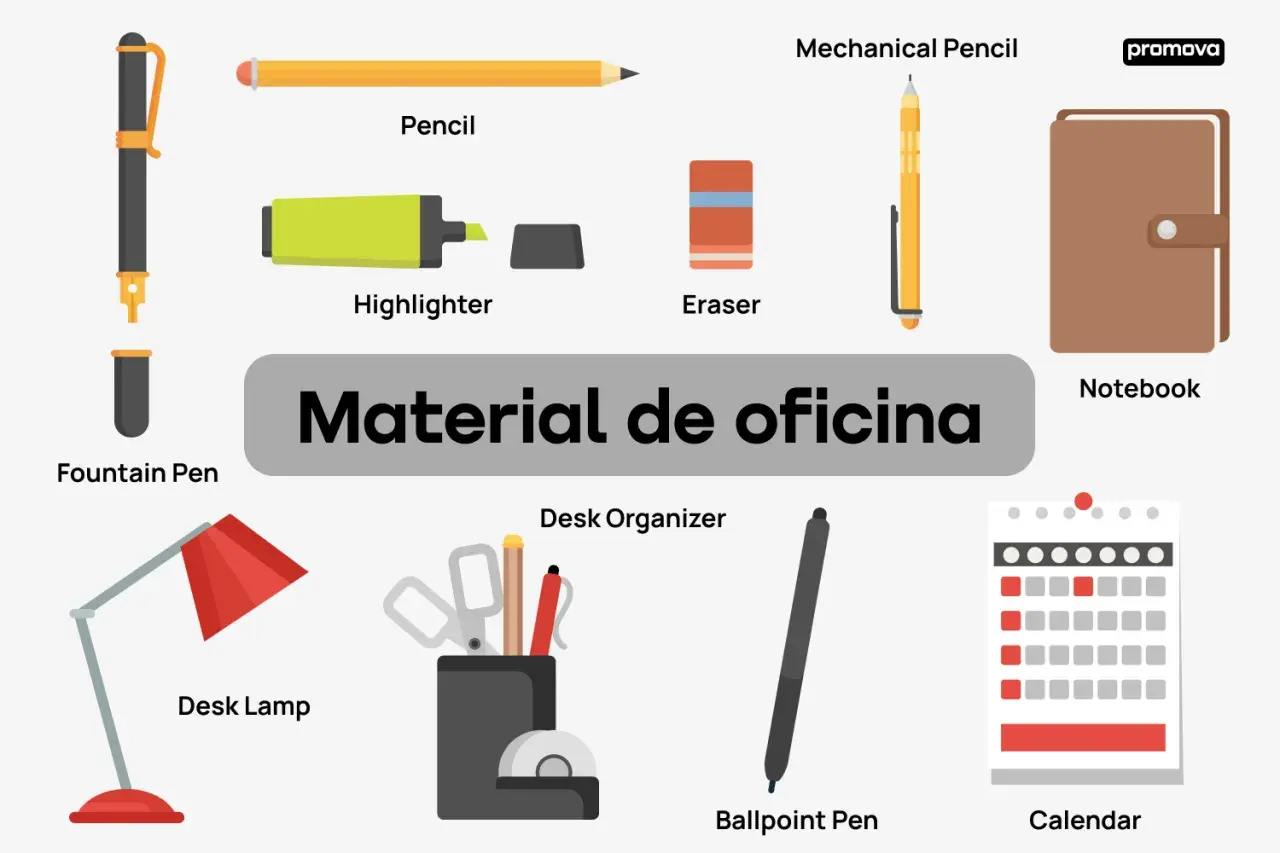 Un surtido de útiles de oficina en inglés: pluma fuente, lápiz, resaltador, borrador, lápiz mecánico, cuaderno, organizador de escritorio, lámpara de escritorio, bolígrafo y calendario.