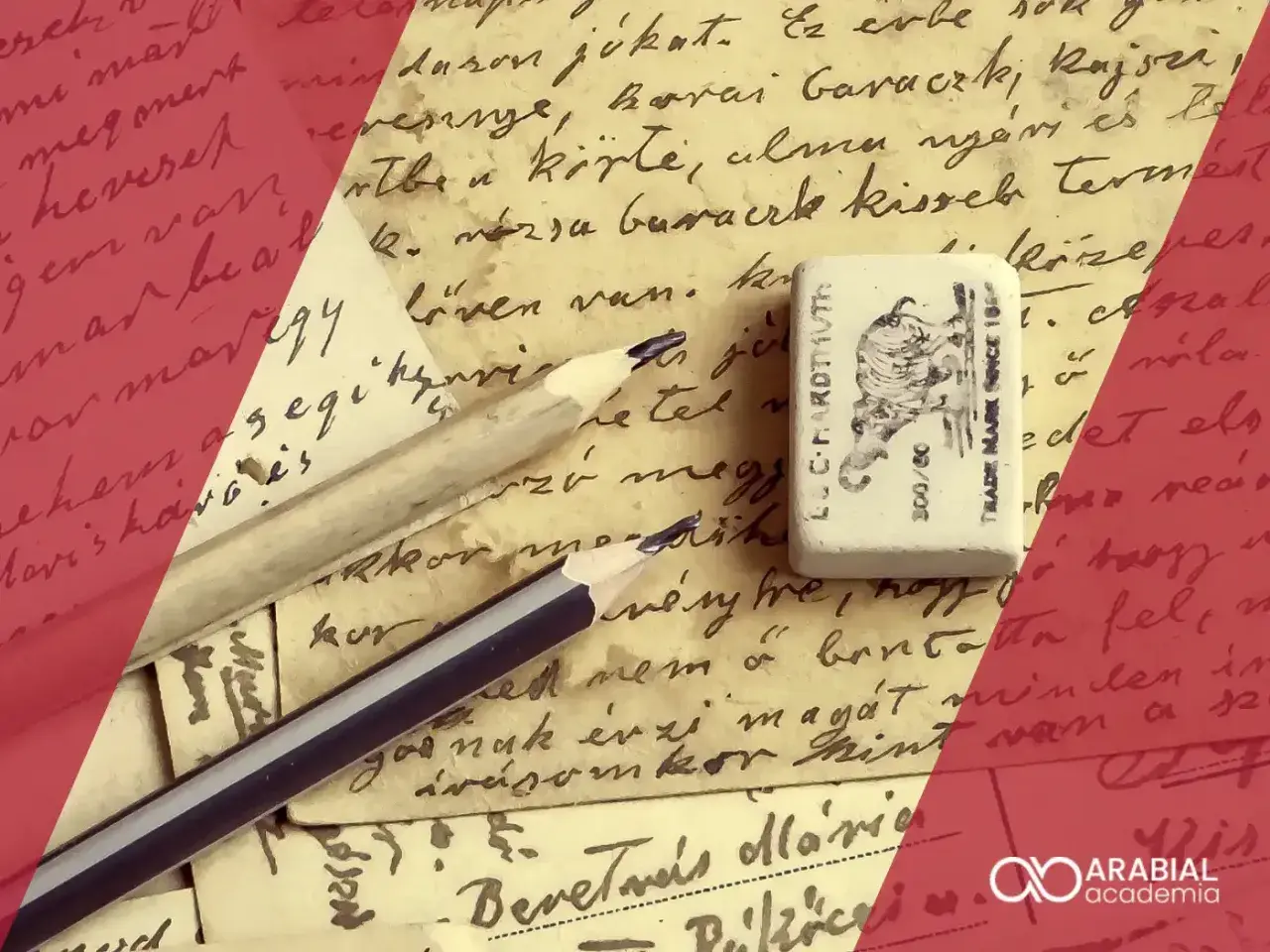 Lápices y goma de borrar sobre cartas antiguas, evocando la **structure** de un **article b2**.