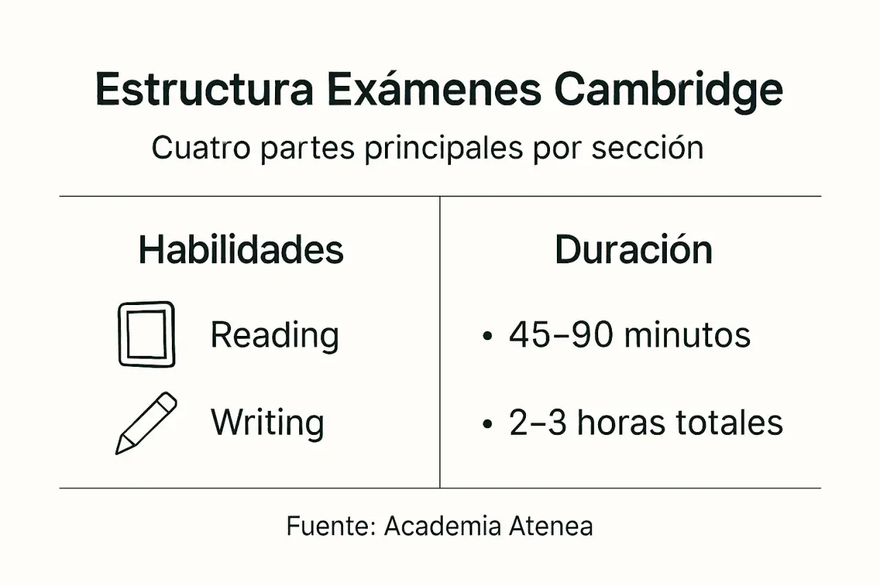 Estructura de exámenes Cambridge B2: Habilidades (Reading, Writing) y Duración (45-90 min, 2-3 h totales).
