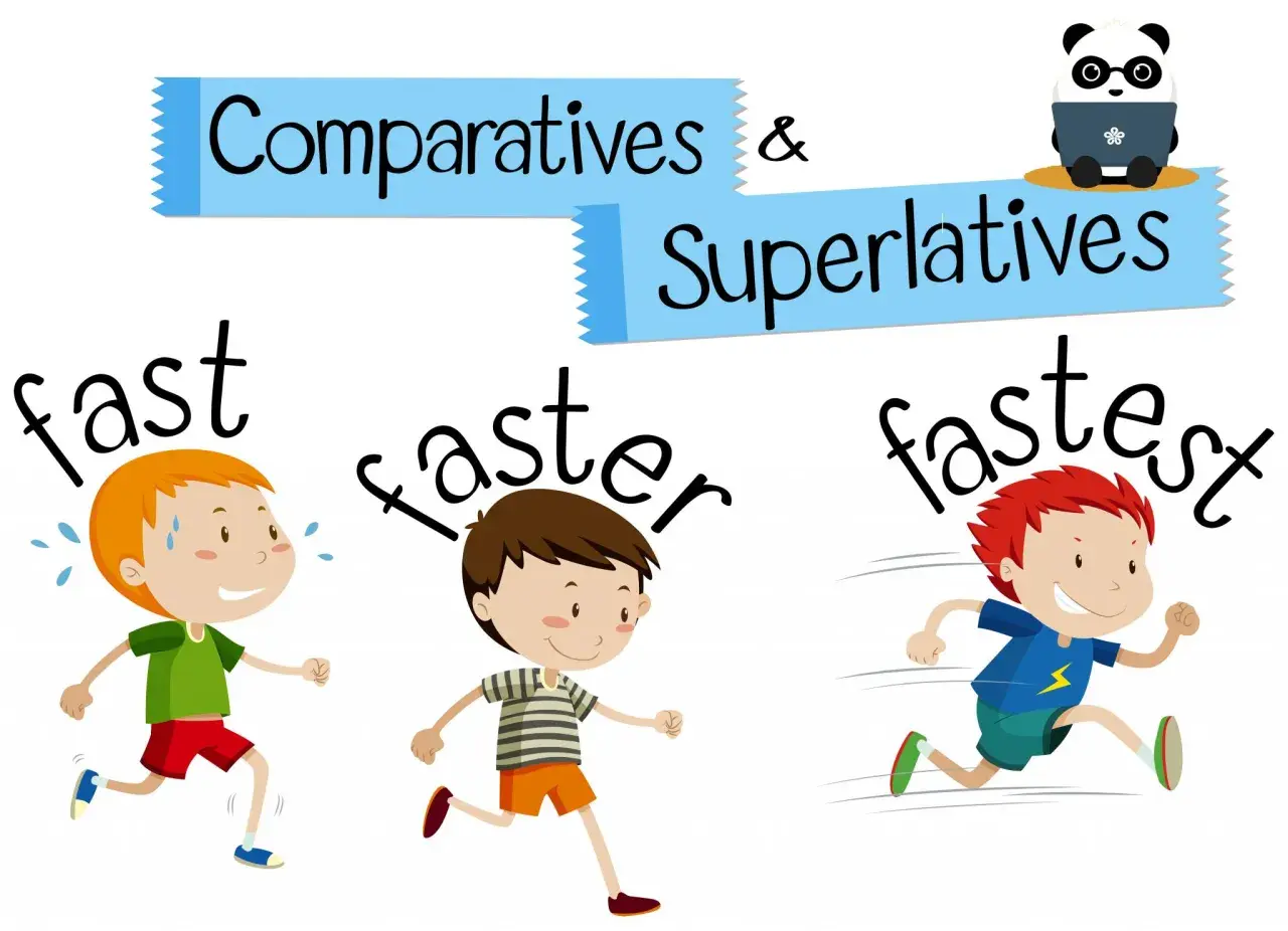 Niños corriendo: "fast", "faster", "fastest". Un panda con gafas lee sobre comparativos y superlativos en inglés.