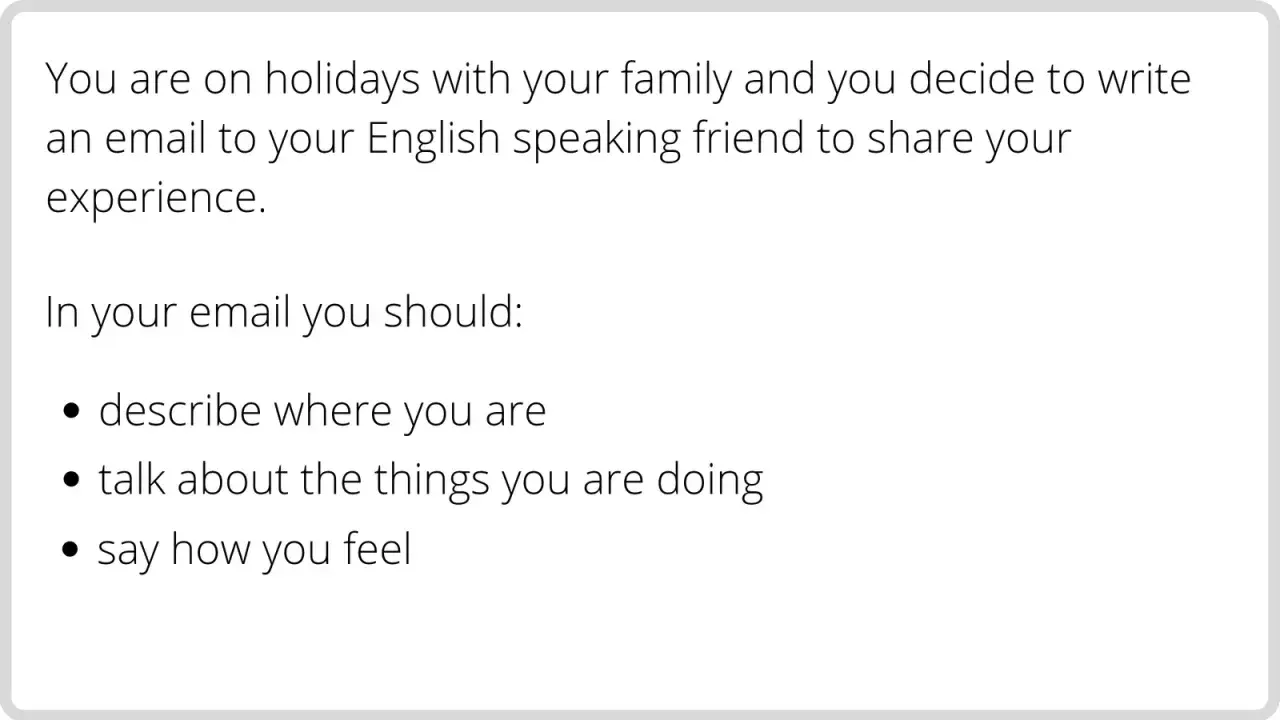 Instrucciones para escribir una carta informal en inglés: describe tus vacaciones, actividades y sentimientos a un amigo.