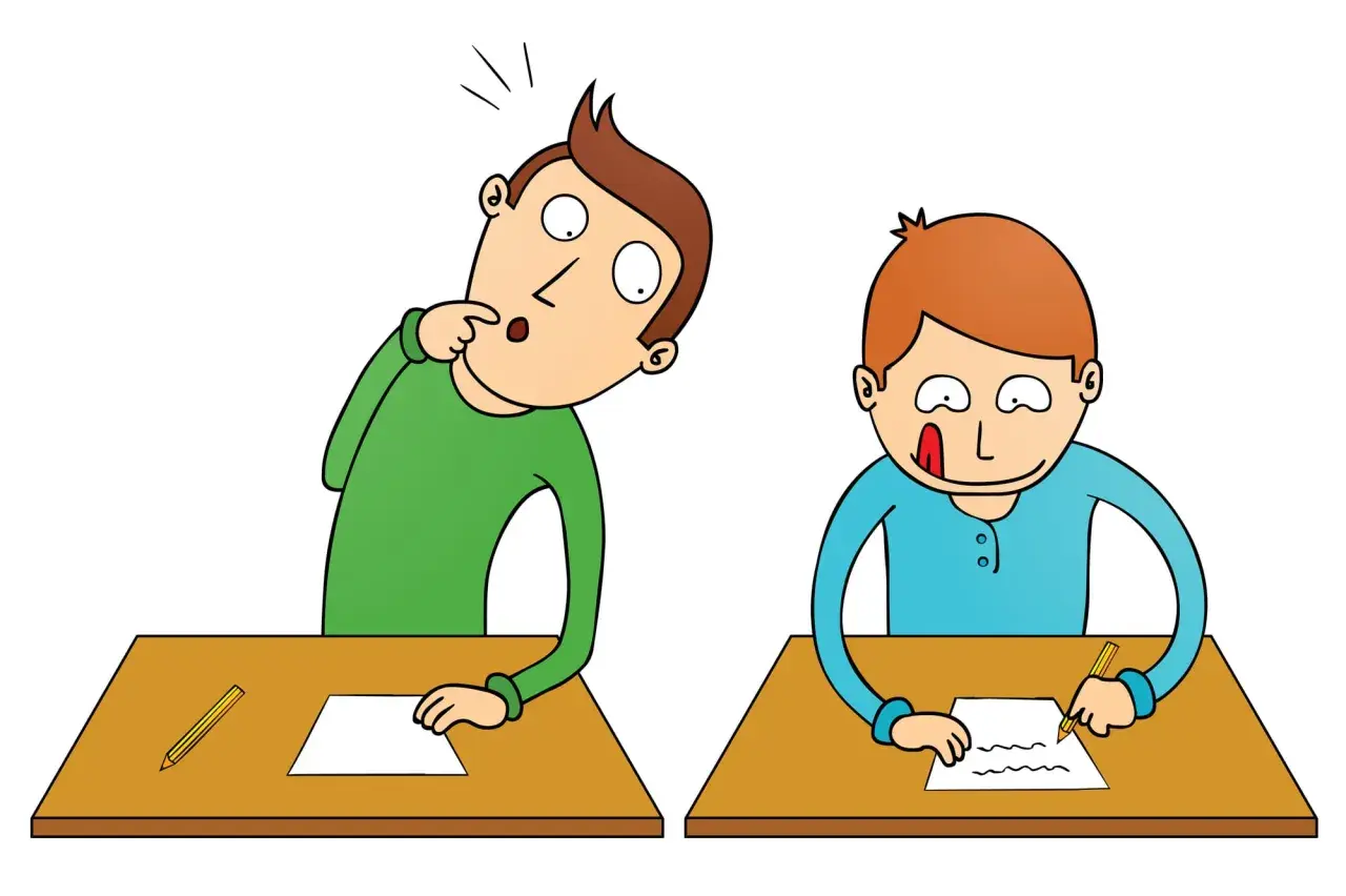 Dos estudiantes en pupitres. Uno, con expresión de sorpresa, piensa cómo aprobar un examen de inglés. El otro, concentrado, escribe.