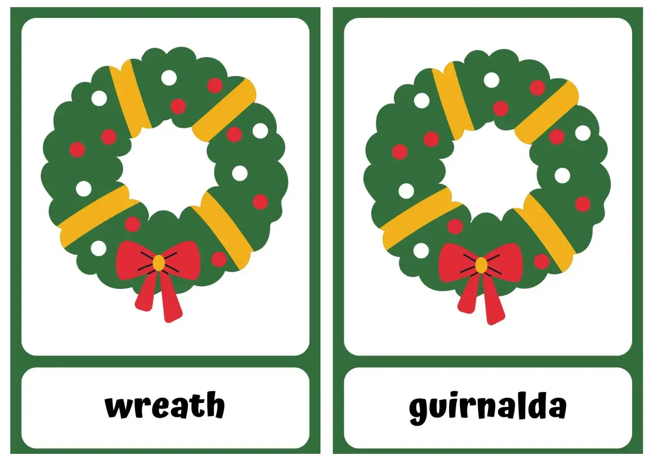 Dos tarjetas con guirnaldas verdes, rojas y amarillas, perfectas para aprender vocabulario de Navidad.