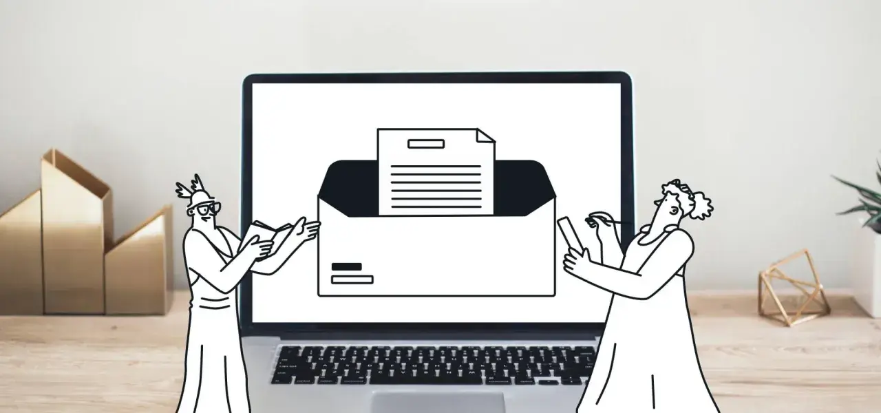 Dos figuras de estilo antiguo interactúan con una pantalla de portátil que muestra un sobre abierto con un documento. El asunto de email en inglés es clave para entender la comunicación.