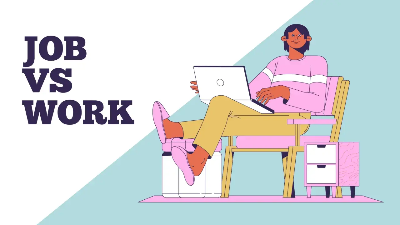 Persona relajada en silla con laptop, explorando la diferencia entre job y work.