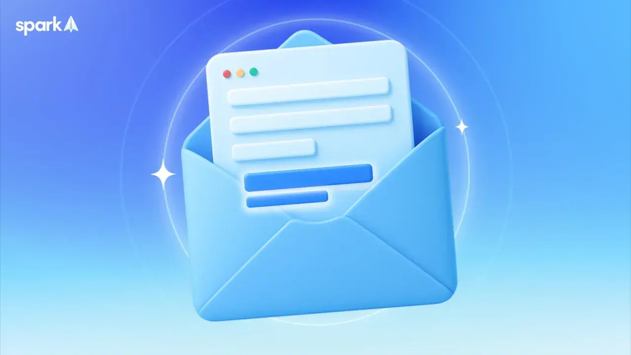 Sobre un fondo azul degradado, un sobre azul abierto revela un documento con líneas de texto, simulando un correo electrónico. El logo de Spark aparece en la esquina superior izquierda.
