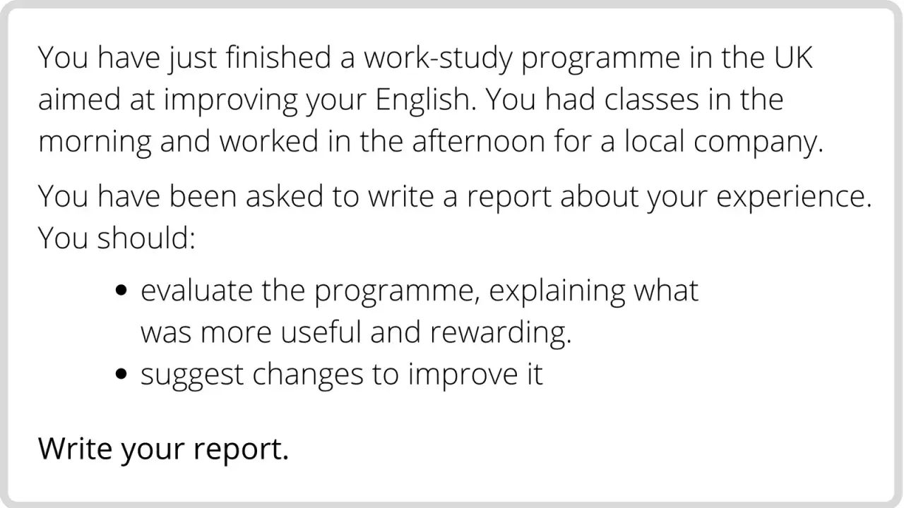 Instrucciones para escribir un report en inglés sobre un programa de estudios y trabajo en el Reino Unido, evaluando su utilidad y sugiriendo mejoras.