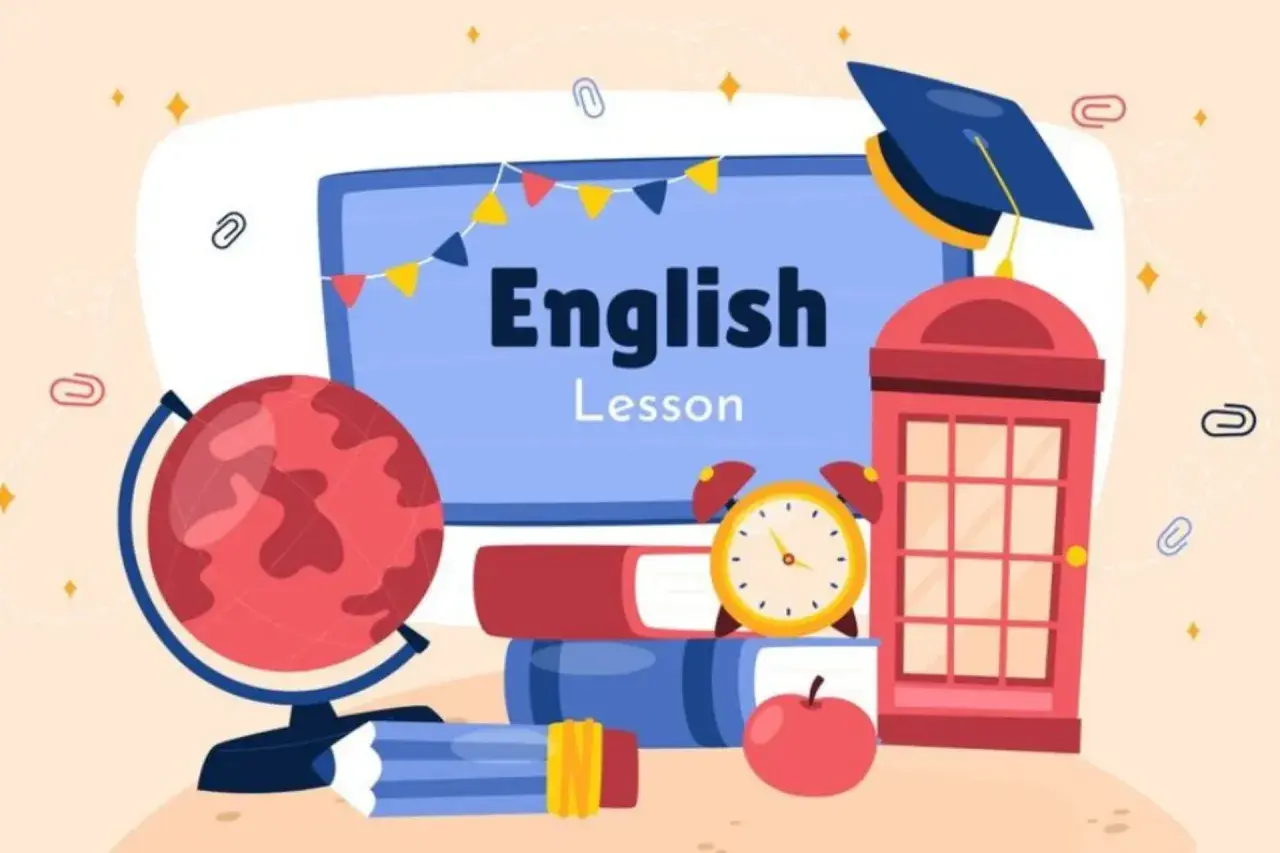 Lección de inglés con globo terráqueo, libros y un reloj. Aprende la diferencia entre say y tell para comunicarte mejor.
