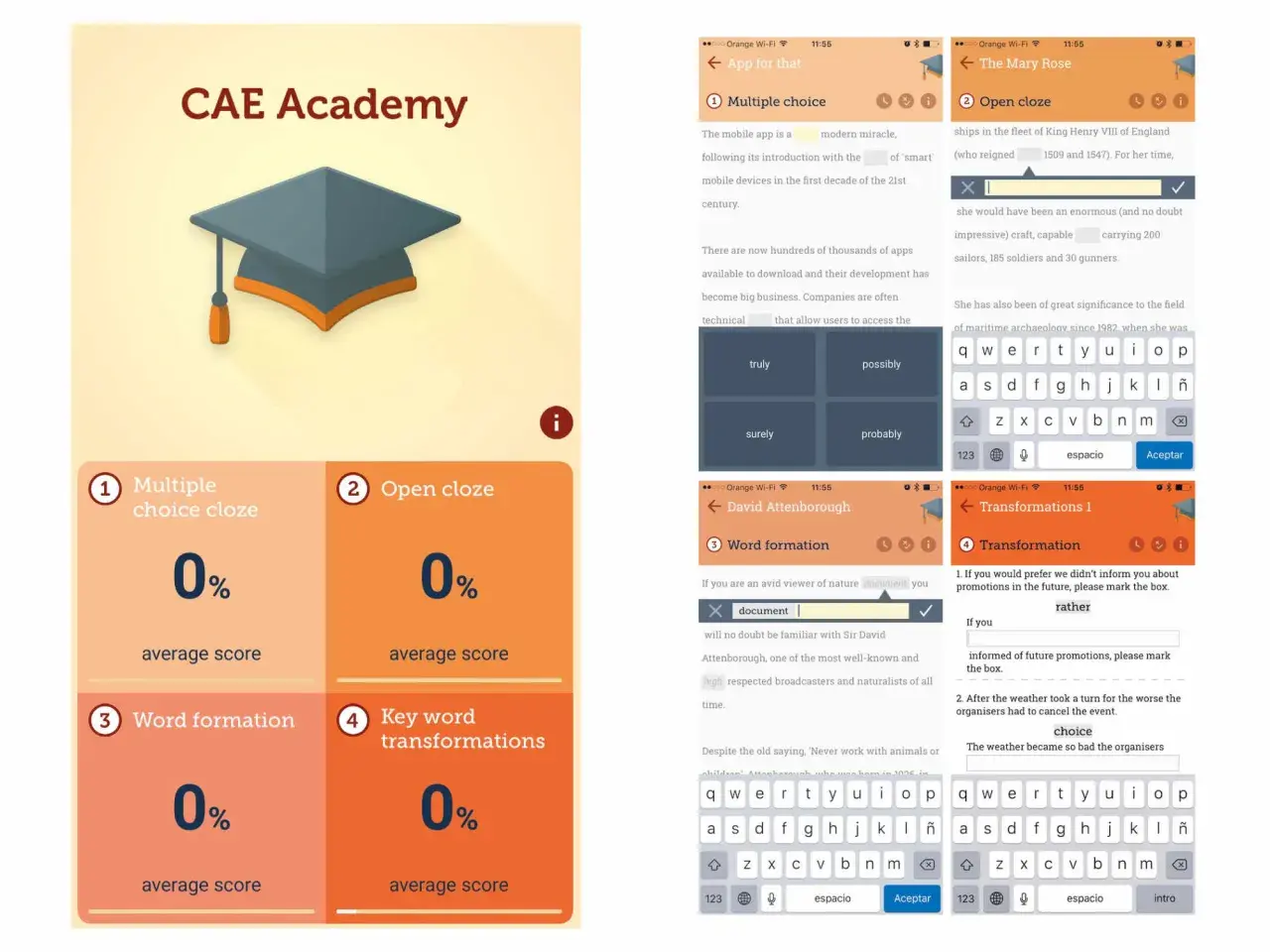 App de CAE Academy con ejercicios de **exámenes C1 Cambridge resueltos**: multiple choice, open cloze, word formation y transformation.