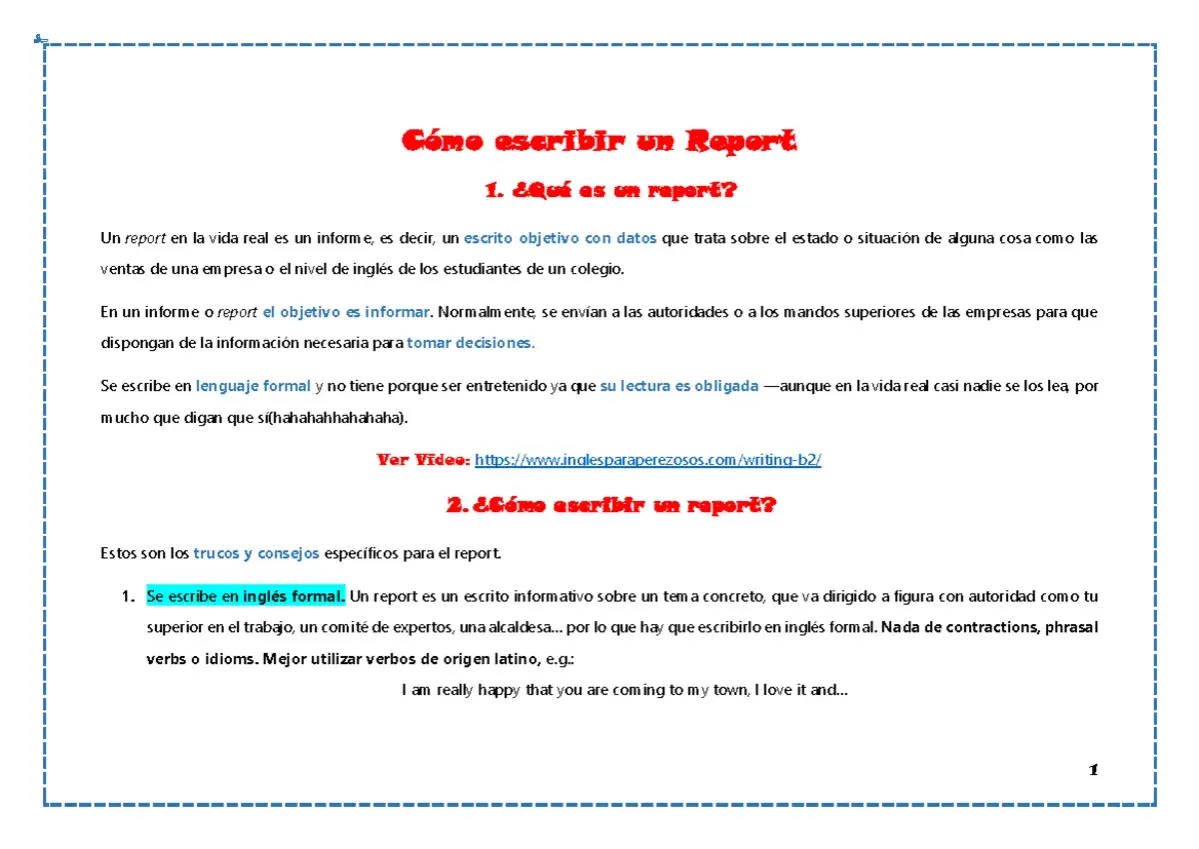Guía para escribir un report en inglés, con ejemplos y consejos. Explica qué es un report y cómo redactarlo formalmente.