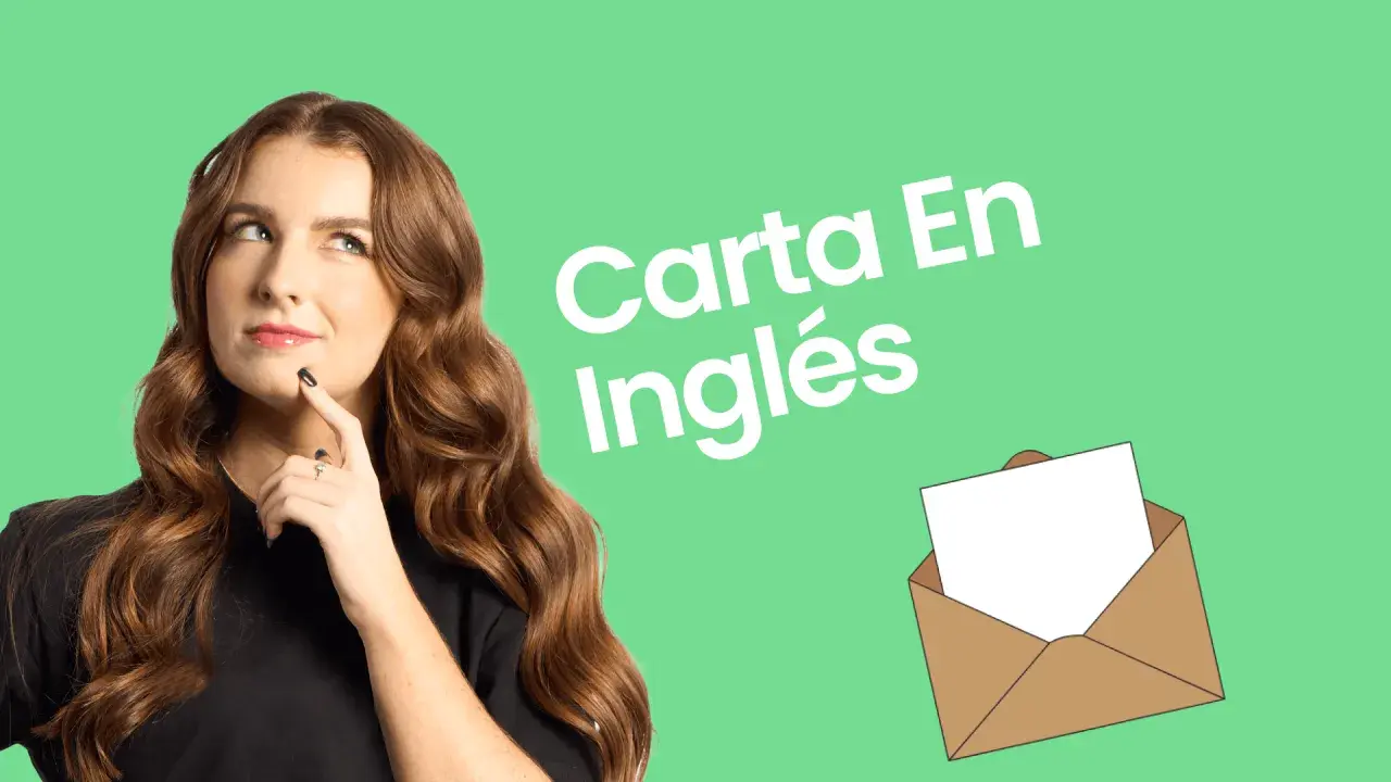 Mujer pensativa junto a un sobre abierto con una hoja en blanco. Texto: "Carta En Inglés".