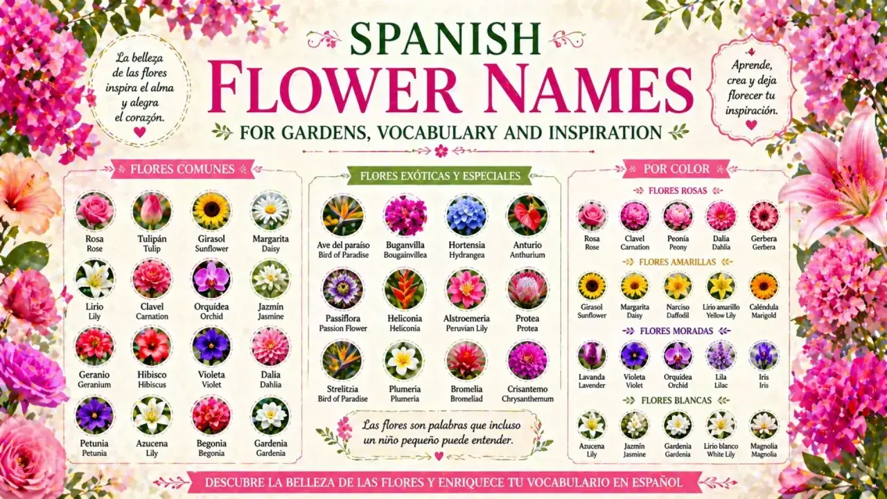 Un póster educativo con nombres de flores en español e inglés, mostrando diversas flores como rosas, tulipanes y girasoles. Aprende sobre "flores" y su vocabulario.
