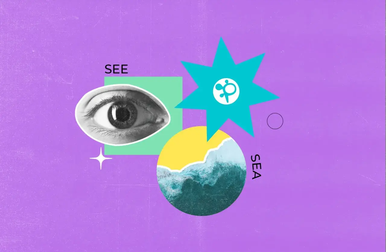Ojo y mar, para ilustrar palabras homófonas en inglés como "see" y "sea".