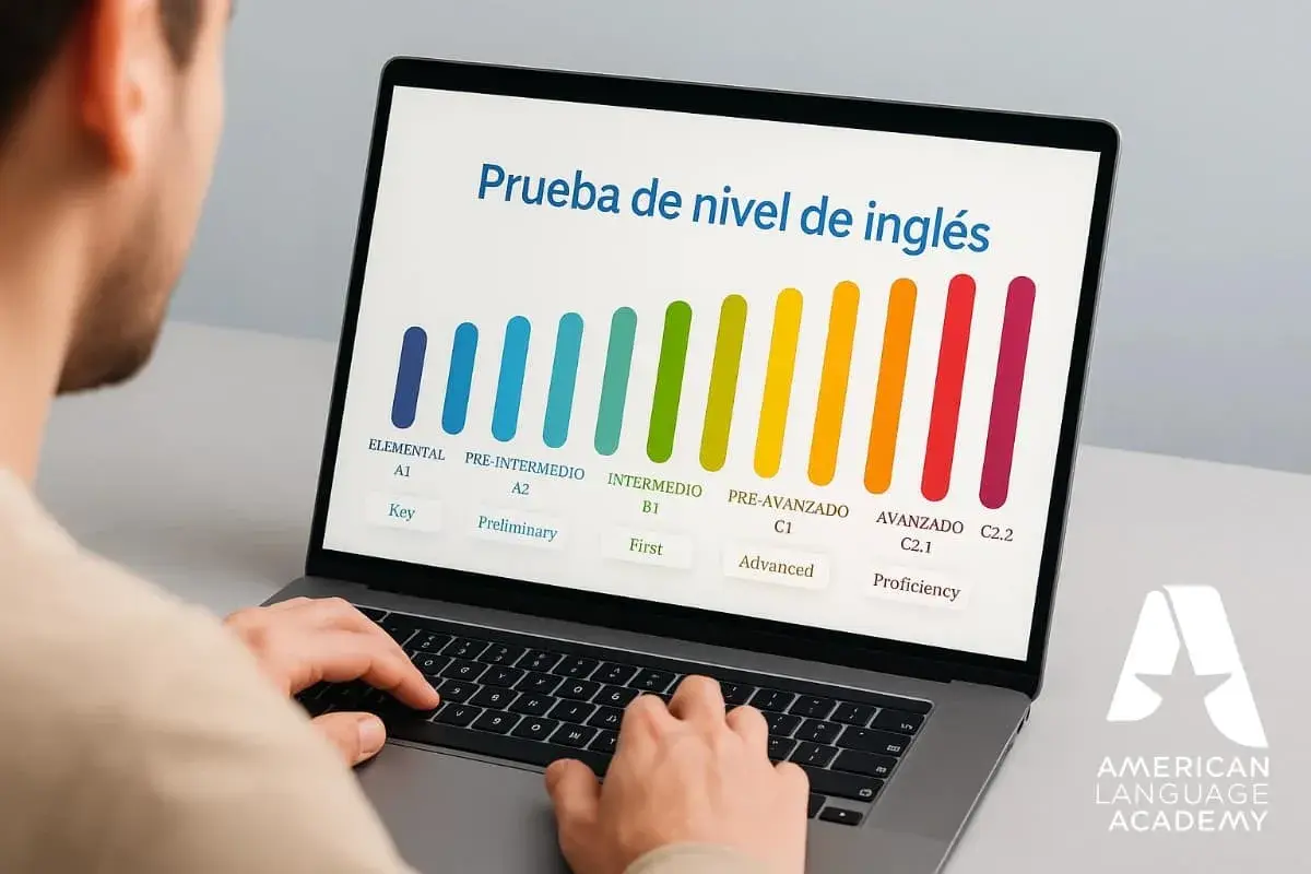Persona realiza examen inglés americano en laptop. Muestra niveles de inglés, de elemental a avanzado.